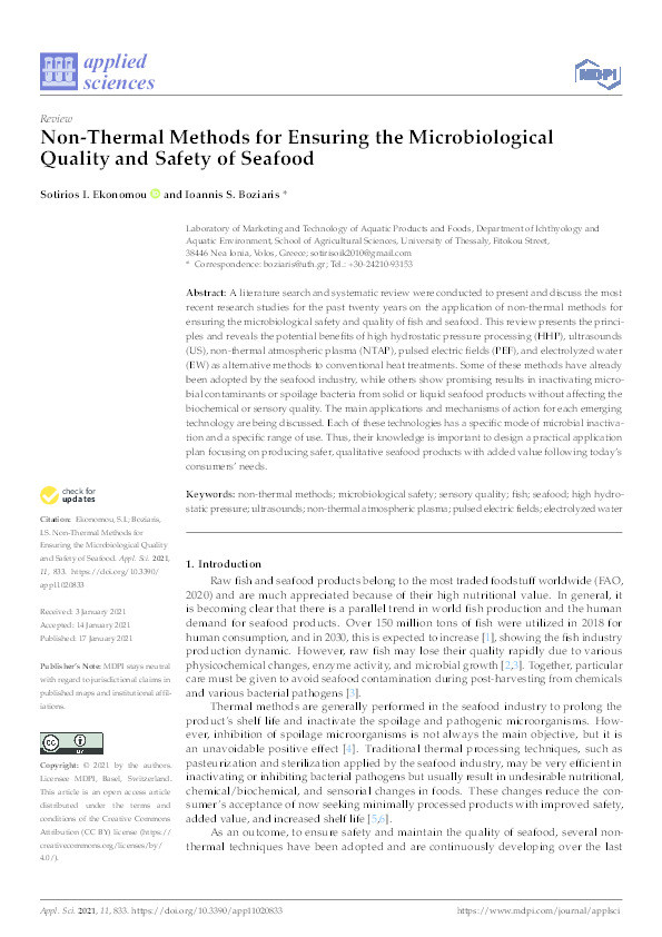 Non-thermal methods for ensuring the microbiological quality and safety of seafood Thumbnail