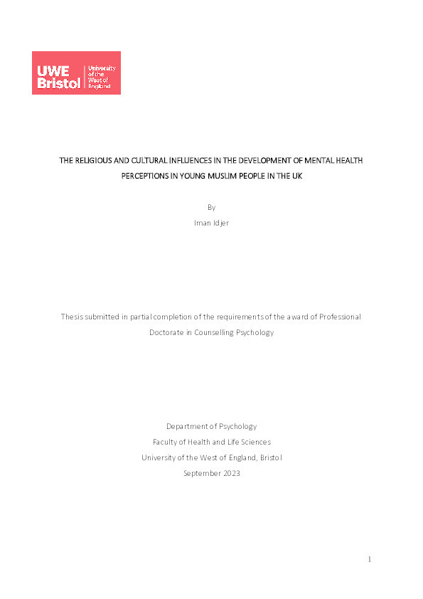 The religious and cultural influences in the development of mental health perceptions in young Muslim people in the UK Thumbnail