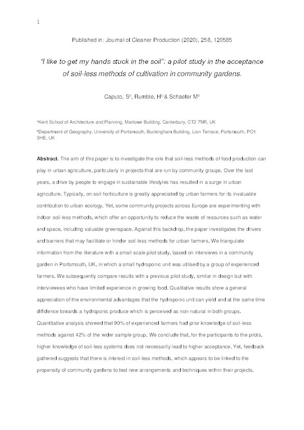 “I like to get my hands stuck in the soil”: A pilot study in the acceptance of soil-less methods of cultivation in community gardens Thumbnail