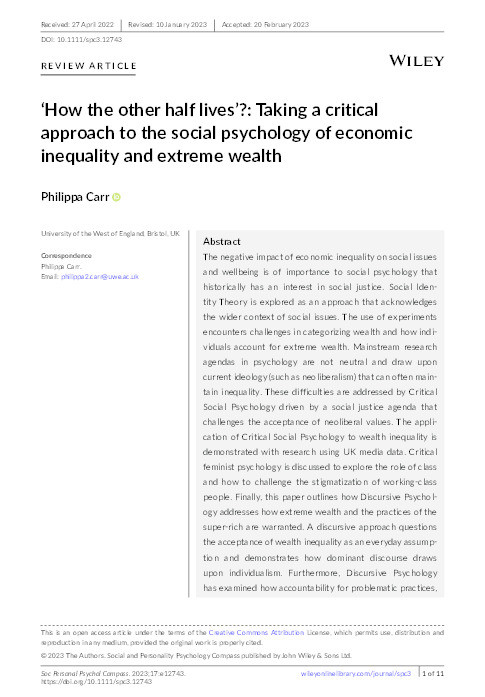 ‘How the other half lives’?: Taking a critical approach to the social psychology of economic inequality and extreme wealth Thumbnail