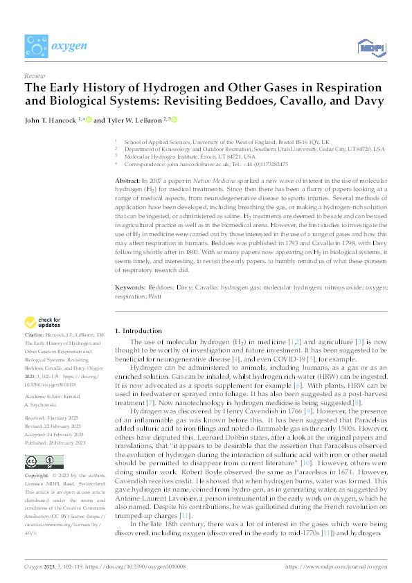 The early history of hydrogen and other gases in respiration and biological systems: Revisiting Beddoes, Cavallo, and Davy Thumbnail
