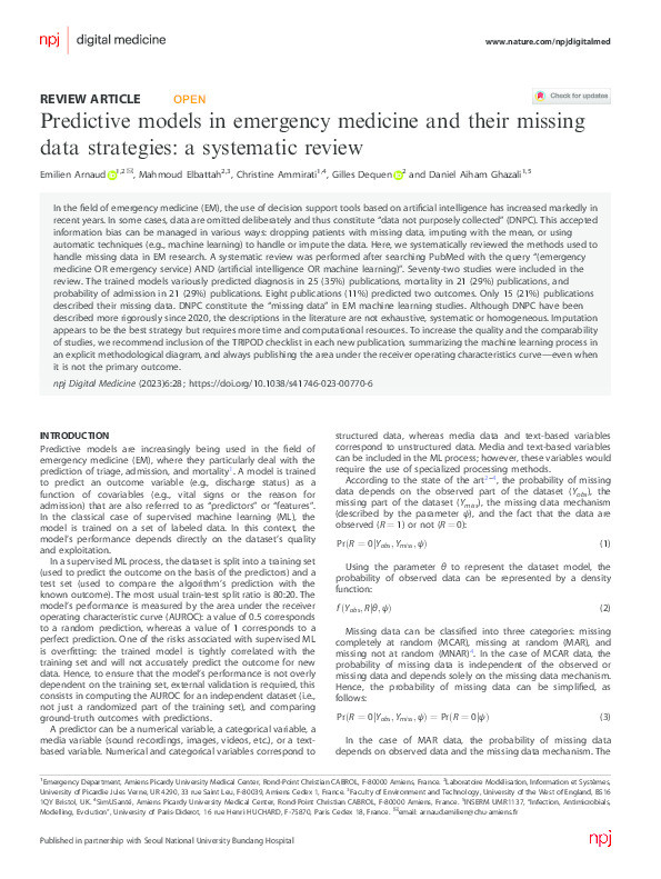 Predictive models in emergency medicine and their missing data strategies: a systematic review Thumbnail