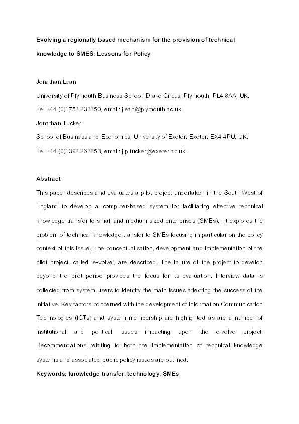 Evolving a Regionally-Based Mechanism for the Provision of Technical Knowledge to SMEs: Lessons for Policy Thumbnail