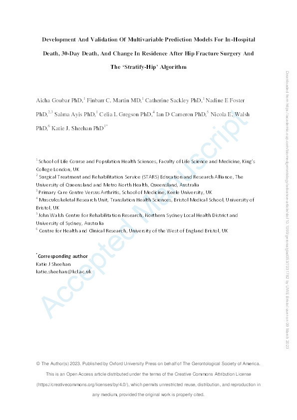 Development and validation of multivariable prediction models for in-hospital death, 30-day death, and change in residence after hip fracture surgery and the 'stratify-hip' algorithm Thumbnail