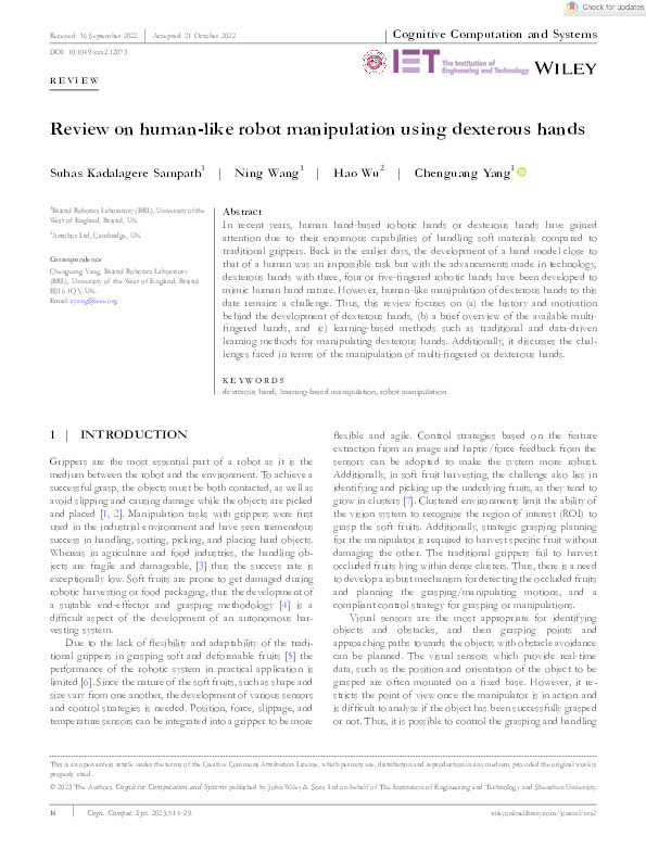 Review on human-like robot manipulation using dexterous hands Thumbnail