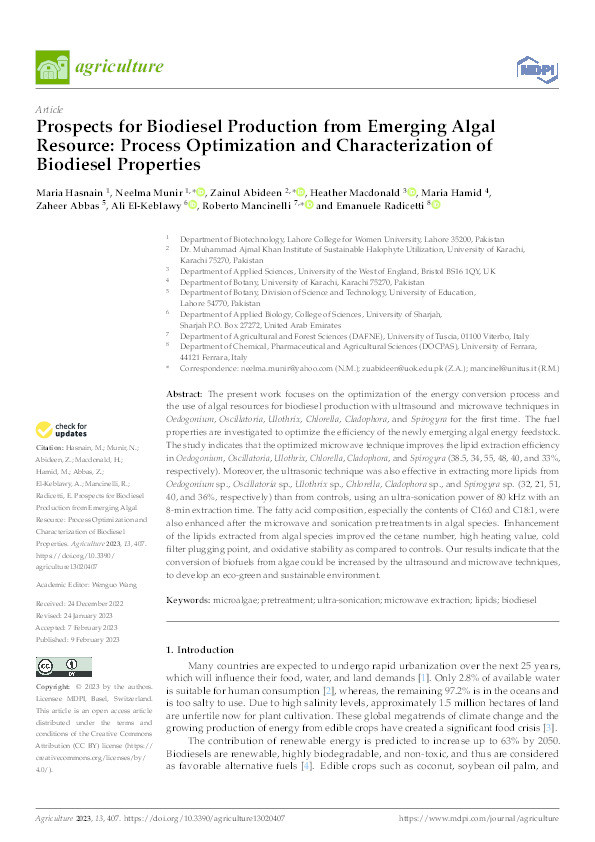 Prospects for biodiesel production from emerging algal resource: Process optimization and characterization of biodiesel properties Thumbnail