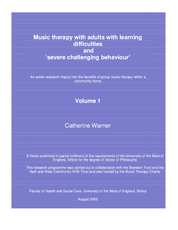 Music therapy with adults with learning difficulties and 
‘severe challenging behaviour' Thumbnail