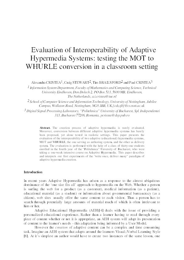 Evaluation of interoperability of adaptive hypermedia systems: Testing the MOT to WHURLE conversion in a classroom setting Thumbnail