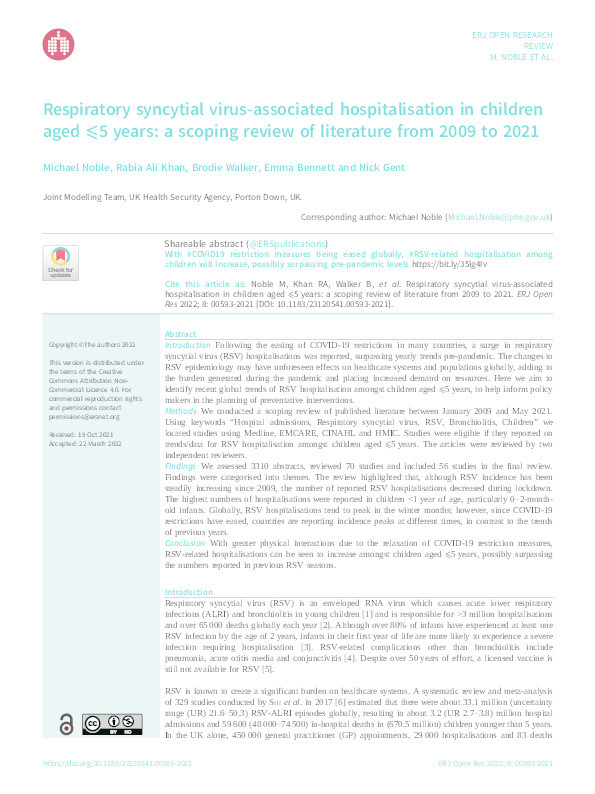 Respiratory syncytial virus-associated hospitalisation in children aged ≤5 years: a scoping review of literature from 2009 to 2021 Thumbnail