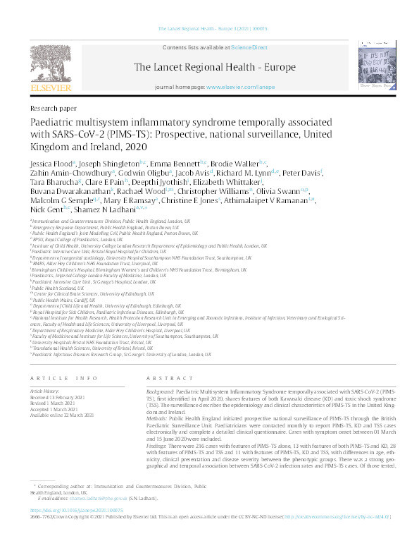 Paediatric multisystem inflammatory syndrome temporally associated with SARS-CoV-2 (PIMS-TS): Prospective, national surveillance, United Kingdom and Ireland, 2020 Thumbnail