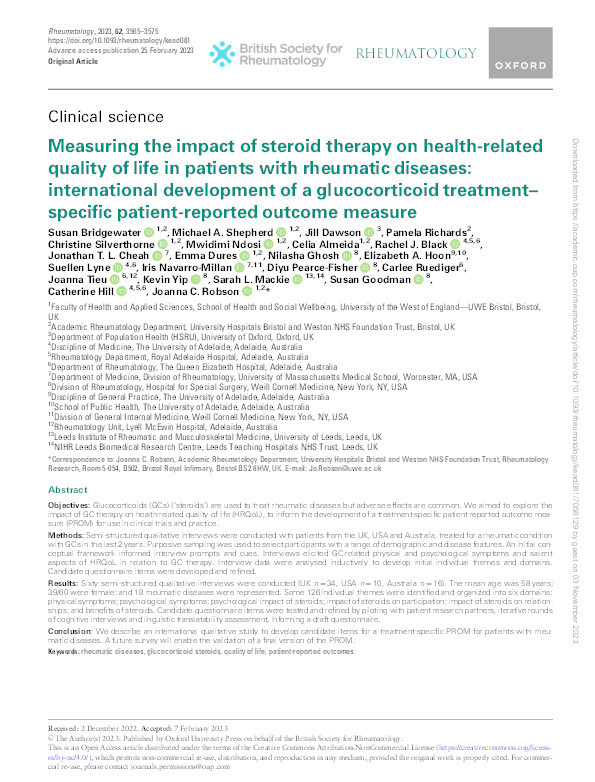 Measuring the impact of steroid therapy on health-related quality of life in patients with rheumatic diseases: International development of a glucocorticoid treatment-specific patient-reported outcome measure Thumbnail