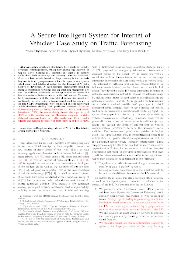 A Secure Intelligent System for Internet of Vehicles: Case study on traffic forecasting Thumbnail