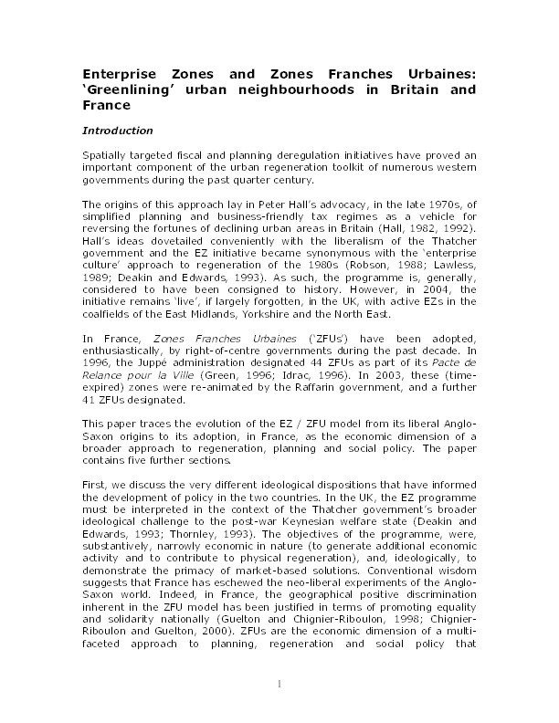 Enterprise zones and zones Franches Urbaines: Greenlining urban neighbourhoods in the UK and France Thumbnail