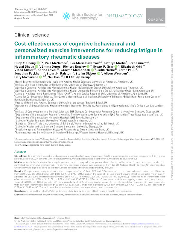 Cost-effectiveness of cognitive behavioural and personalized exercise interventions for reducing fatigue in inflammatory rheumatic diseases Thumbnail