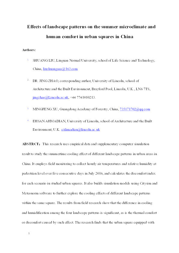 Effects of landscape patterns on the summer microclimate and human comfort in urban squares in China Thumbnail