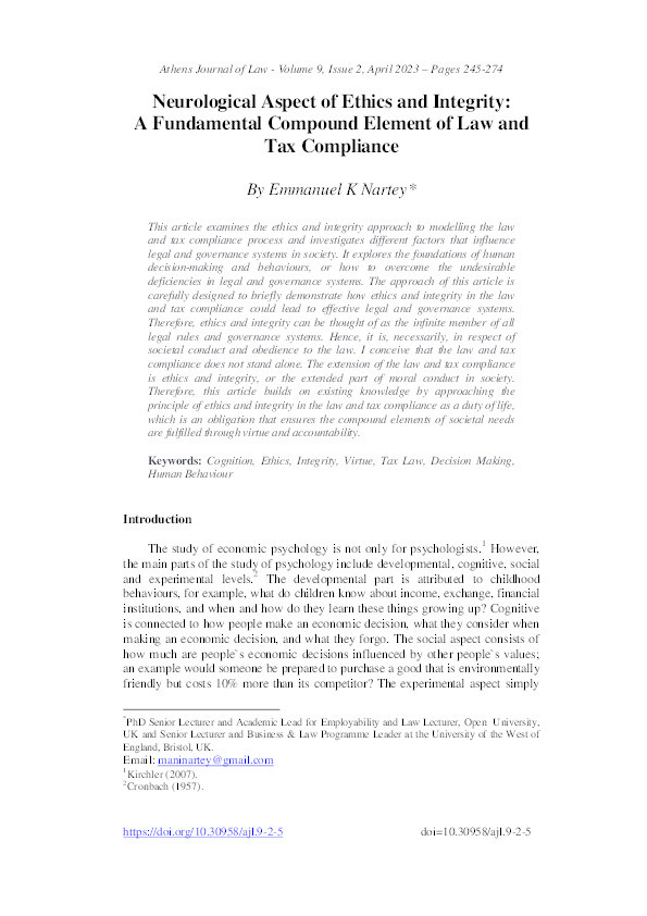 Neurological aspect of ethics and integrity: A fundamental compound element of law and tax compliance Thumbnail