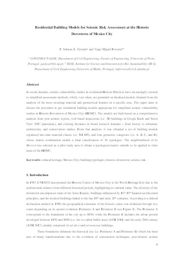 Residential building models for seismic risk assessment at the historic downtown of Mexico City Thumbnail