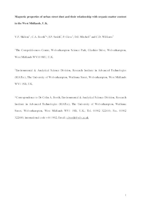 Magnetic properties of urban street dust and their relationship with organic matter content in the West Midlands, UK Thumbnail