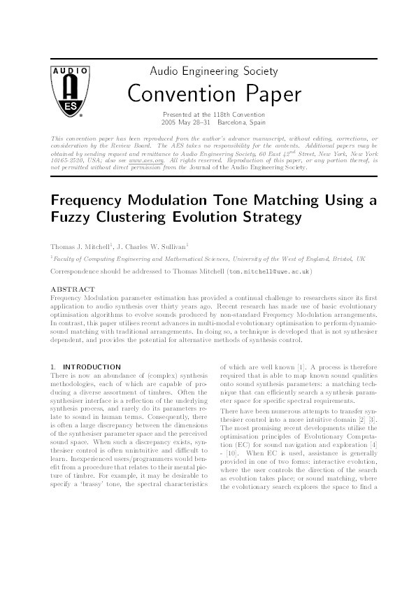 Frequency modulation tone matching using a fuzzy clustering evolution strategy Thumbnail