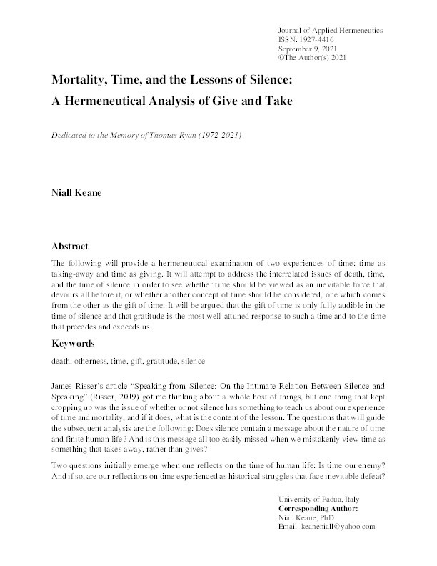 Mortality, time, and the lessons of silence: A Hermeneutical analysis of give and take Thumbnail