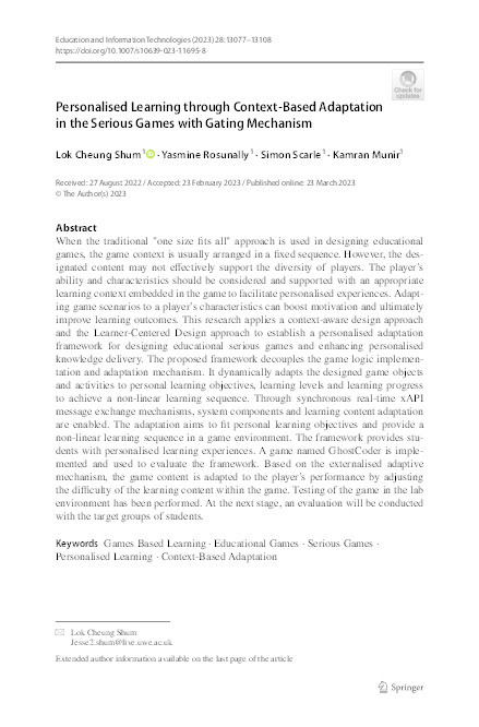 Personalised learning through context-based adaptation in the serious games with gating mechanism Thumbnail