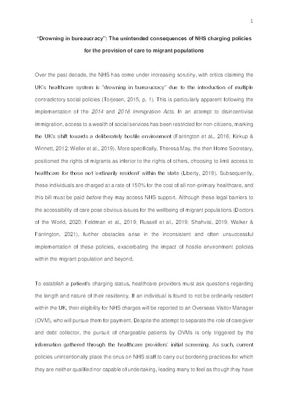 "Drowning in bureaucracy": The unintended consequences of NHS charging policies for the provision of care to migrant populations Thumbnail