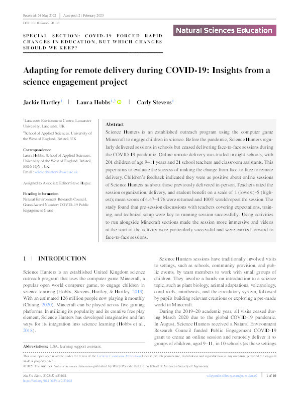 Adapting for remote delivery during COVID-19: Insights from a science engagement project Thumbnail