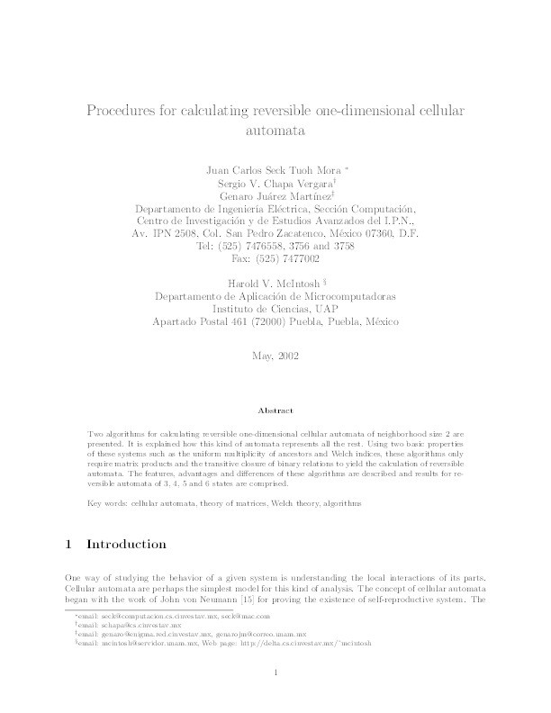 Procedures for calculating reversible one-dimensional cellular automata Thumbnail