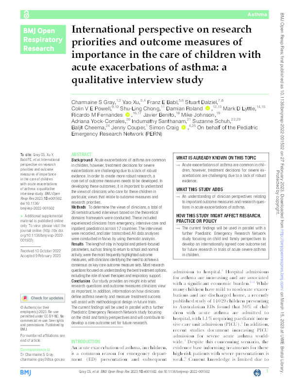 International perspective on research priorities and outcome measures of importance in the care of children with acute exacerbations of asthma: A qualitative interview study Thumbnail