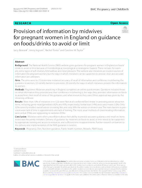 Provision of information by midwives for pregnant women in England on guidance on foods/drinks to avoid or limit Thumbnail