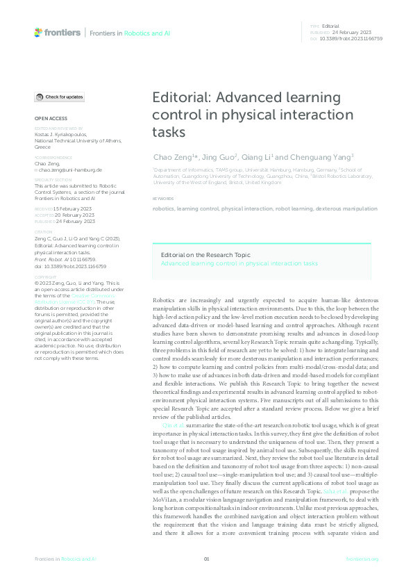 Editorial: Advanced learning control in physical interaction tasks Thumbnail