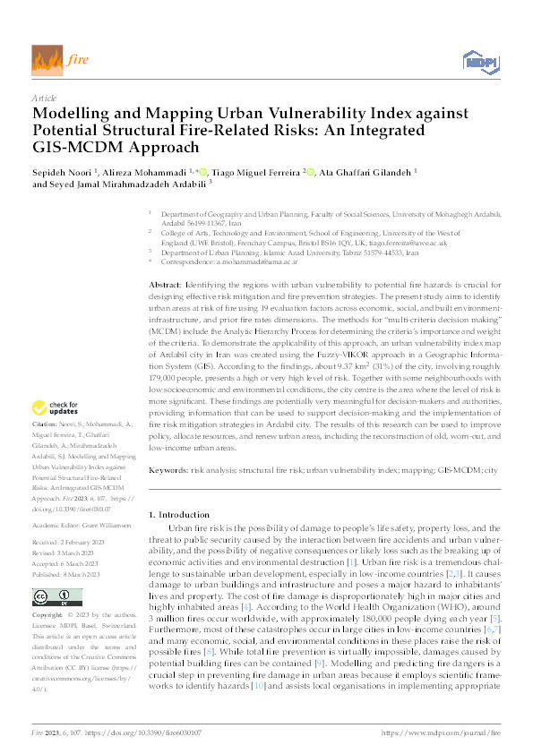 Modelling and mapping urban vulnerability index against potential structural fire-related risks: An integrated GIS-MCDM approach Thumbnail