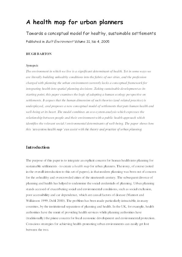 A health map for urban planners: Towards a conceptual model for healthy, sustainable settlements Thumbnail