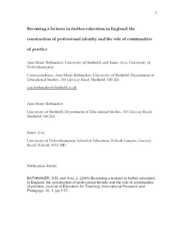 Becoming a lecturer in further education in England: The construction of professional identity and the role of communities of practice Thumbnail