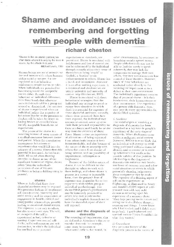 Shame and avoidance: Issues of remembering and forgetting with people with dementia Thumbnail