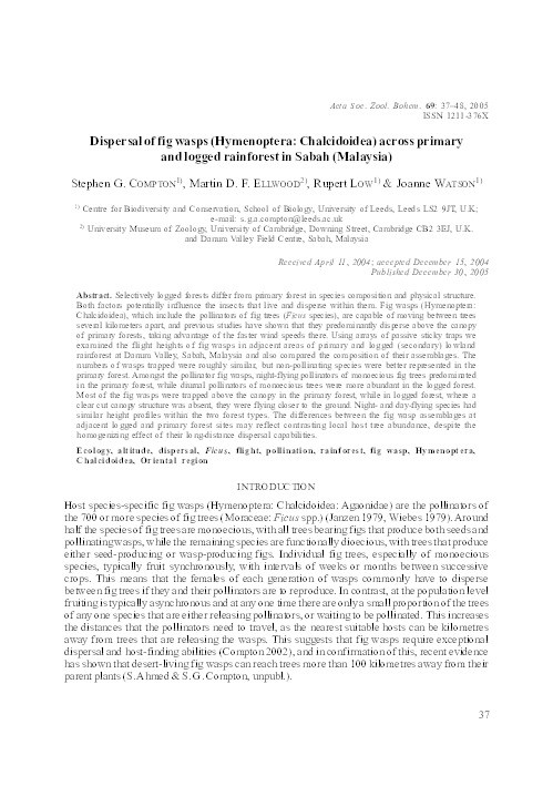 Dispersal of fig wasps (Hymenoptera: Chalcidoidea) across primary and logged rainforest in Sabah (Malaysia) Thumbnail