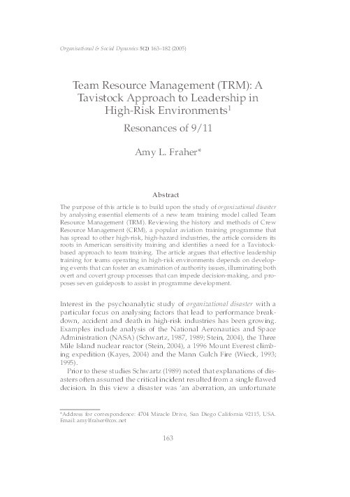 Team Resource Management (TRM): A Tavistock approach to leadership in high-risk environments Thumbnail