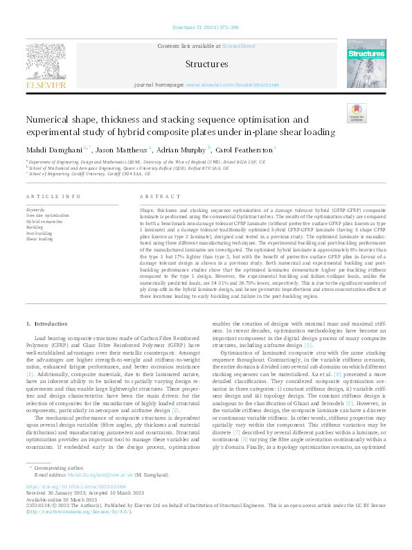 Numerical shape, thickness and stacking sequence optimisation and experimental study of hybrid composite plates under in-plane shear loading Thumbnail