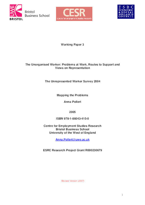 The unorganised worker: problems at work, routes to support and views on representation. The unrepresented worker survey 2004: Working Paper 3. Mapping the problems Thumbnail