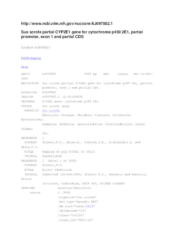 Sus scrofa partial CYP2E1 gene for cytochrome p450 2E1, partial promoter, exon 1 and partial CDS Thumbnail