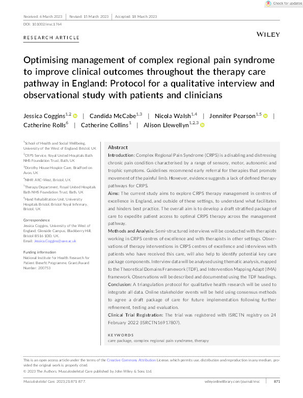 Optimising management of complex regional pain syndrome to improve clinical outcomes throughout the therapy care pathway in England: Protocol for a qualitative interview and observational study with patients and clinicians Thumbnail