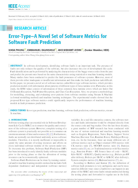 Error-type -A novel set of software metrics for software fault prediction Thumbnail