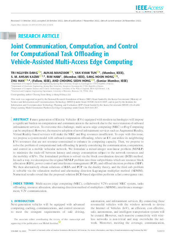 Joint communication, computation, and control for computational task offloading in vehicle-assisted multi-access edge computing Thumbnail