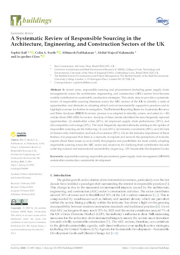 A systematic review of responsible sourcing in the architecture, engineering, and construction sectors of the UK Thumbnail