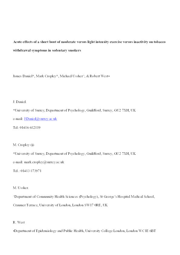 Acute effects of a short bout of moderate versus light intensity exercise versus inactivity on tobacco withdrawal symptoms in sedentary smokers Thumbnail