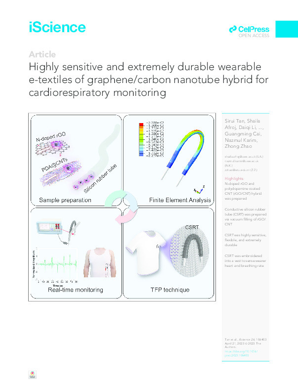 Highly sensitive and extremely durable wearable e-textiles of graphene/carbon nanotube hybrid for cardiorespiratory monitoring Thumbnail