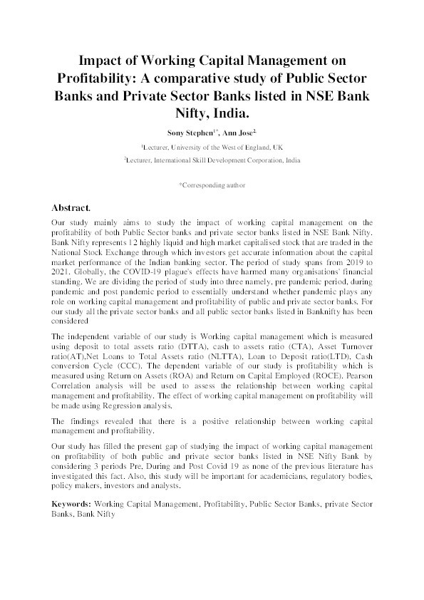 Impact of working capital management on profitability: A comparative study of public sector banks and private sector banks listed in NSE Bank Nifty, India Thumbnail