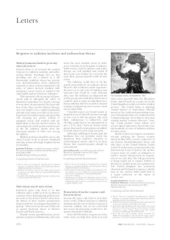 Response to radiation incidents and radionuclear threats: Medical treatment should be given only when safe to do so Thumbnail