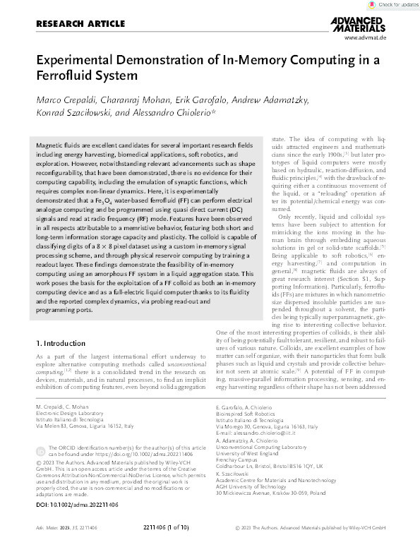 Experimental demonstration of in-memory computing in a ferrofluid system Thumbnail