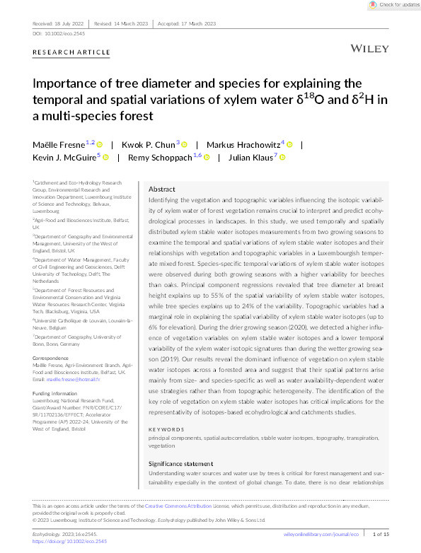 Importance of tree diameter and species for explaining the temporal and spatial variations of xylem water δ18O and δ2H in a multi-species forest Thumbnail